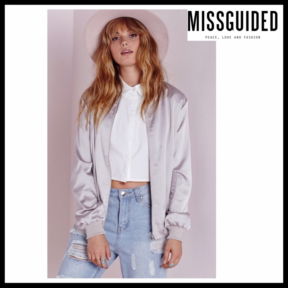 SILVER SATIN MOTO BOMBER VARSITY JACKET - Picture 3 of 8